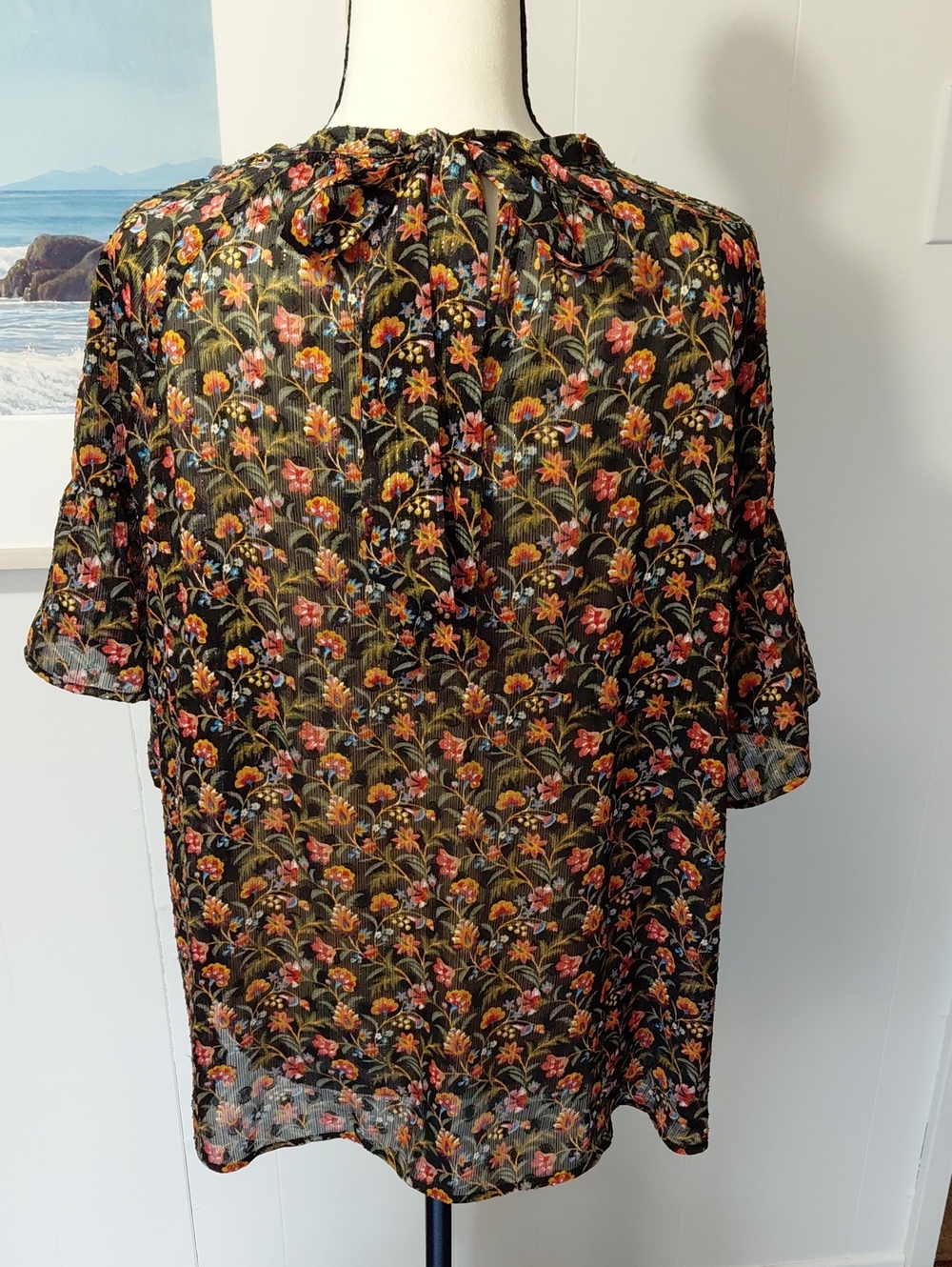 LOFT Black Floral Short-Sleeve Peasant Blouse with Pink & Red Flowers - Picture 2 of 11